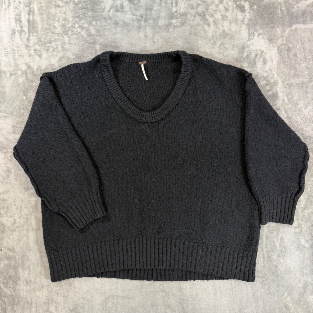 Free People Oversized V-Neck Textured Knit Pullover Sweater Women's Large Black